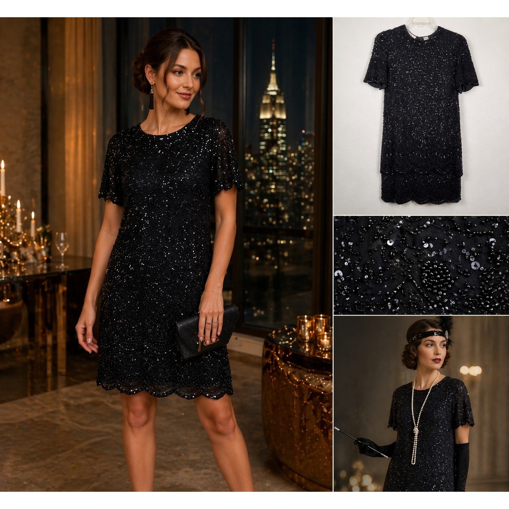 Pisarro Nights Black Sequin Short Sleeve Cocktail Dress